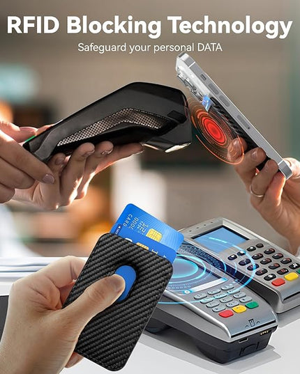 Magnetic Cell Phone Card Holder for Phone Case with Mag Safe, Stronger Magnetic RFID Leather Phone Wallet Stick on Series of iPhone 17/16/15/14/13/12 and Pro/Promax, Carbon Fiber Black