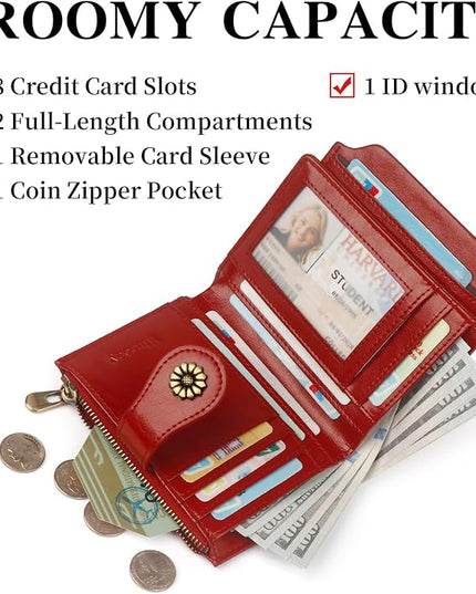 Blucoay Womens Wallet,RFID Blocking Wallet Women Soft Leather Bifold Wallets For Women Card Holder With Removable ID Window winered