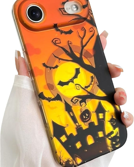 Halloween Case for iPhone Air Case [ Compatible with Magsafe ] Holographic Orange Sky with Black Castle, Bats, Ghosts and Pumpkins Pattern Design, Creative Magnetic Protective Phone Cover