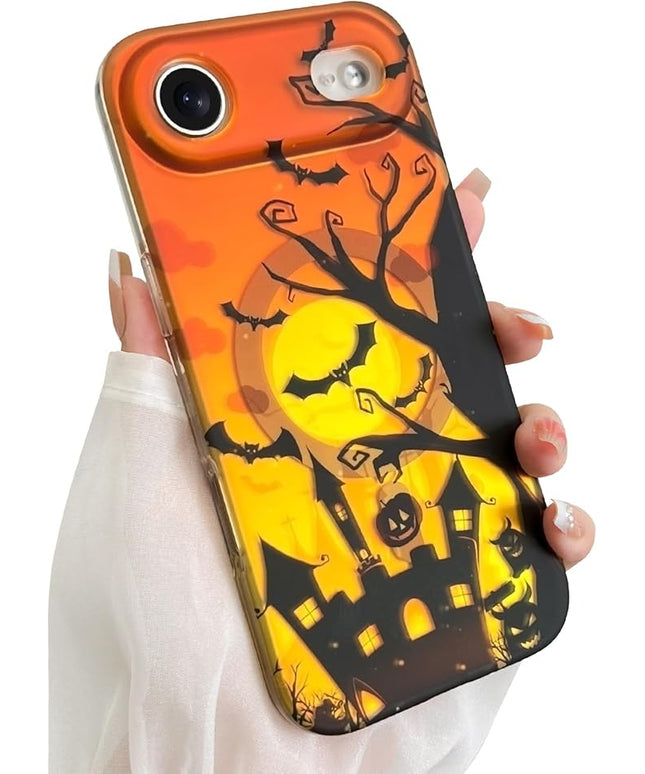 Halloween Case for iPhone Air Case [ Compatible with Magsafe ] Holographic Orange Sky with Black Castle, Bats, Ghosts and Pumpkins Pattern Design, Creative Magnetic Protective Phone Cover