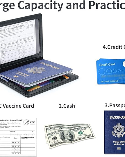 Passport Holder Cover Wallet Case RFID Blocking Leather Card Slot Travel Accessories Documents Organizer Protector for Women Men, Black
