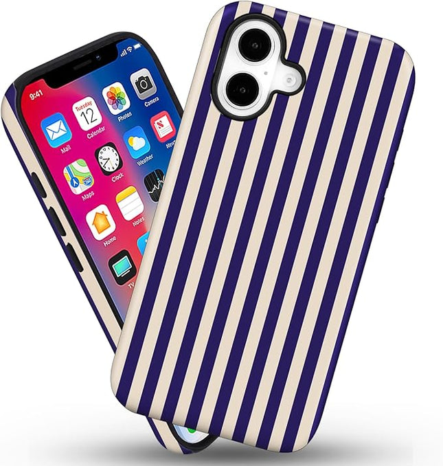Magnetic for iPhone 16 Case Cute Stripes Phone Case, Shockproof Slim TPU and Hard PC Protective Phone Cover Compatible with MagSafe Designed for Women Girls, Deep Purple