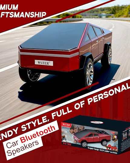 Futuristic Shapes Truck Bluetooth Speaker with LED Display Screen – TWS Stereo, FM Radio, USB/TF Playback, LED Headlights, Built-in Mic, Gift for Car Lovers, Model Collectors & Tech Fans (Red)
