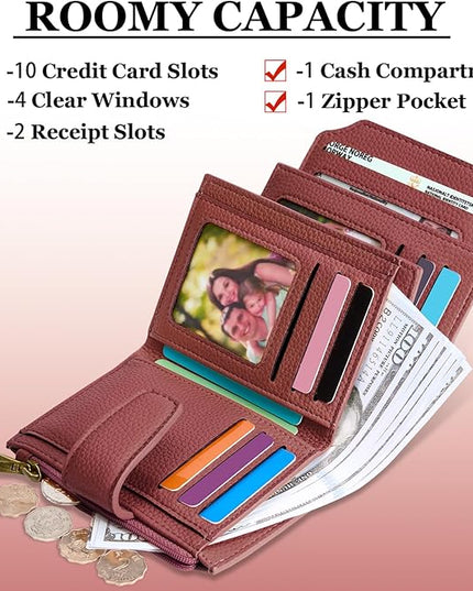 Airkit Small Wallet Women RFID Blocking Soft Leather Bifold Compact Card Holder Wallet for Women with Zipper Coin Pocket 4 ID Window