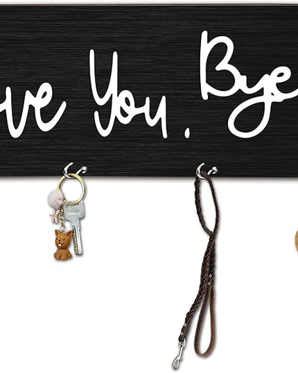 MBYHP Wooden Key Holder with 4 Hooks - Love You Bye Decorative Key Organizer for Wall - Home Office Kitchen Hallway Entryway Wall Decor for Keys, Dog Leash Hanging - A05
