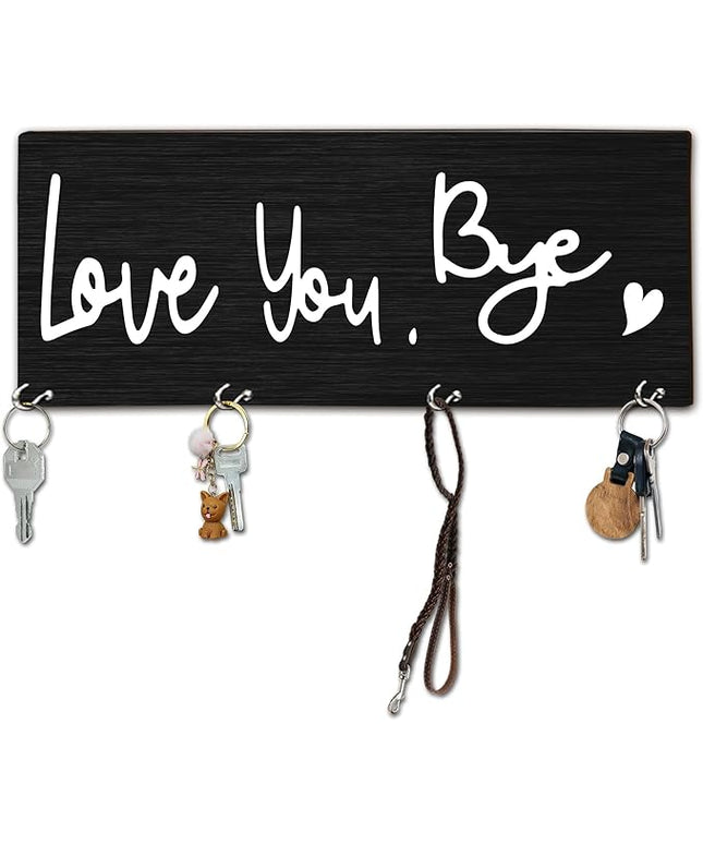 MBYHP Wooden Key Holder with 4 Hooks - Love You Bye Decorative Key Organizer for Wall - Home Office Kitchen Hallway Entryway Wall Decor for Keys, Dog Leash Hanging - A05