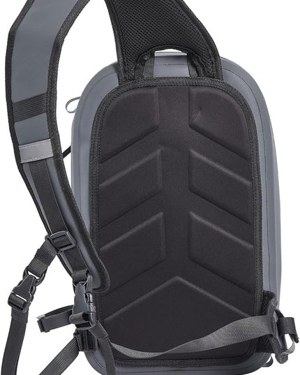 Xelfly Waterproof Fishing Sling Backpack Bag with Rod Holder, Gear Loops - Submersible Zipper, Rugged Top Handle, Adjustable Attachments (Gray)