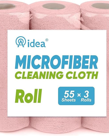 AIDEA Microfiber Cleaning Cloth 165 Sheets 3 Roll, Pink, Microfiber Towels for Cars, Shop Towels, Shop Rags Washable,Cleaning Rags Reusable Paper Towels for Automotive, Workshops, House,11×9"