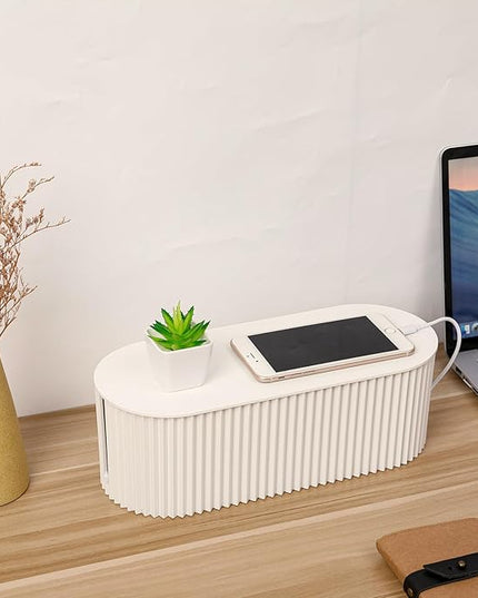 FABROK Cable Management Box with 10 Cable Ties, Cable Organizer Box for Power Strips, Surge Protectors, Chargers, Adapters, TV Computer Wires Cable Hider Organizer Box for Home/Office (Large/White)