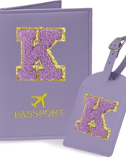 COSHAYSOO Initial Passport Cover Luggage Tag Set Letter Passport Holder Airplane Cruise Travel Essentials Vacation Traveling Accessories Personalized Gifts for Women Teen College Girls Purple K