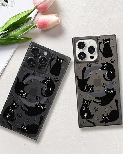 Cute Case for iPhone 16 Pro Case for Women Girls Boys [Compatible with Magsafe] Kawaii Black Cats Cat Pattern Design, Aesthetic Girly Animal Rectangle Magnetic Protective Phone Cover