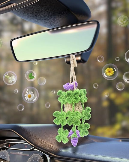 Handmade Crochet Hanging Car Air Freshener - Lucky 4-Leaf Clover Charm with 12ml Refillable Glass Essential Oil Diffuser Bottle, St. Patrick's Day Car Accessories & Bedroom Lucky Decor