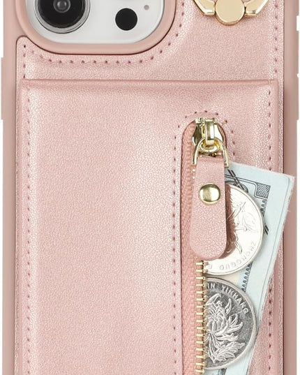 for iPhone 15 Pro Max Wallet Case with Card Holder, for iPhone 15 Pro Max Case Wallet with Strap Credit Card Slot, Crossbody Bag with Zipper Case for iPhone15 Pro Max - Rose Gold