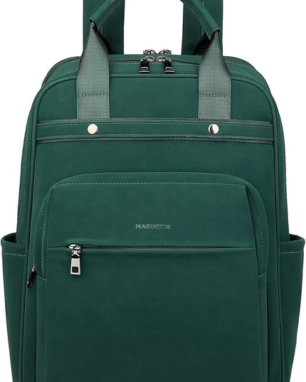 MASINTOR Leather Laptop Backpack for Women, Stylish Computer Backpack College Business Work Shoulder Bags Work and Travel Retro Green