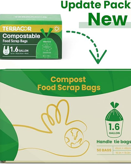 1.6 Gallon Compostable Food Scrap Bags Handle Tie for Kitchen Countertop Bin, 6 Liter Small Compost Bags, 50 Count, BPI Certified and Meet The ASTM D6400 Standard