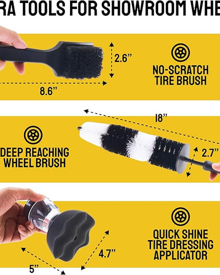 Boar Hair Detailing Brush Set - 9-Pack - Includes Wheel, Tire Brush & Tire Dressing Applicator - Soft Boar Hair Bristles - Scratch-Free Car Wash - Crevice Tools for Vents & Emblems