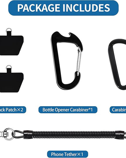 Doormoon Phone Lanyard Tether with Patch*2, Carabiner*1, Bottle Opener Carabiner*1, Stretchy iPhone Lanyard Anti Theft Phone Strap for Anti-Drop Outdoor Compatible for iPhone Most Smartphones, Black