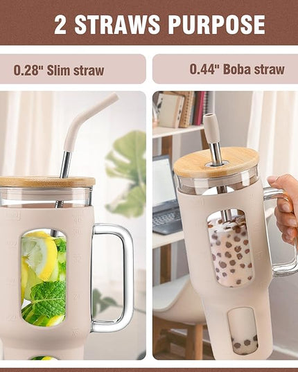 Glass Tumbler with Lid and Straw, 46 oz Iced Coffee Cup with Handle, Large Water Bottles with Silicone Sleeve, Glass Cup with Straws - Pearl Straw & Drinking Straw BPA Free-Amber