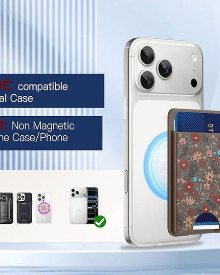 Stronger Magnetic Card Slot Wallet for iPhone 17/16/15/14/13/12 Series (Not for 13/12 Mini), Floral Pattern Hard Card Holder Fit 3 Cards Compatible with Magsafe Accessories, Brown