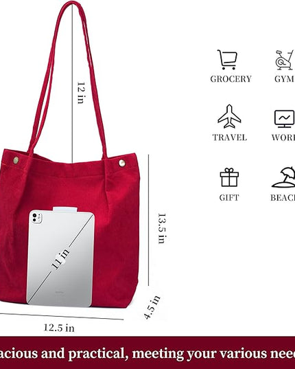 Corduroy Tote Bag Cute Tote Bags for Women Shoulder Bag with Inner Pocket for Work Beach Travel and Shopping Grocery