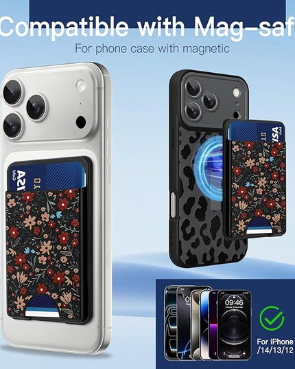 Stronger Magnetic Card Slot Wallet for iPhone 17/16/15/14/13/12 Series (Not for 13/12 Mini), Floral Pattern Hard Card Holder Fit 3 Cards Compatible with Magsafe Accessories, Black