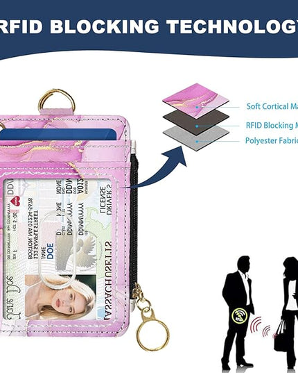 Slim Wallet Credit Card Holder, Pink Marble Pattern, RFID Wallet Women Cute Small Front Pocket Wallet With Zipper, PU Leather Thin travel RFID Blocking Card Case ID Window,Ladies Gifts
