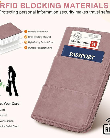 Family Passport Holder Wallet with Zipper, RFID Blocking Travel Document Organizer, PU Leather Passport Wallet for Women Men, Passport Cover Travel Wallet for Boarding Pass, ID, Money, Tickets