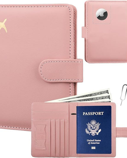 GOAUS Passport Holder for Travel with AirTag Slot Cards Cash Pocket, Faux Leather Travle Wallet Gifts for Women Men RFID Blocking Book Case Pink, AirTag Not Included