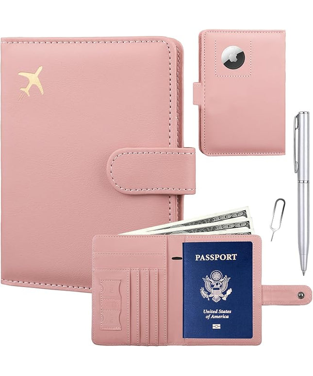 GOAUS Passport Holder for Travel with AirTag Slot Cards Cash Pocket, Faux Leather Travle Wallet Gifts for Women Men RFID Blocking Book Case Pink, AirTag Not Included