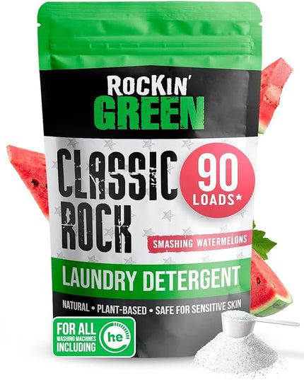 Rockin' Green Classic Rock Laundry Detergent (90 Loads), Plant based, All Natural Laundry Detergent Powder, Vegan and Biodegradable Odor Fighter, Safe for Sensitive Skin, 45 oz (Smashing Watermelons)