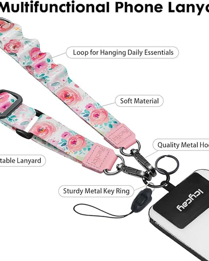 Phone Lanyard Crossbody, Peony Flower Cell Phone Strap for Around The Neck Adjustable, Anti Theft Cute Lanyard for iPhone Case ID Holder Keys Accessories Travel Essential