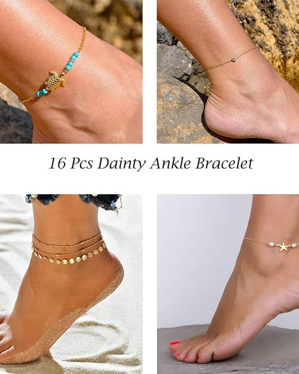 Starain 12Pcs Summer Beach Anklets for Women Waterproof Gold Silver Chain Ankle Bracelets Cute Women's Foot Anklet Set 7.9-10.5 inch Adjustable