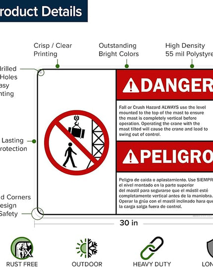 Danger Fall Or Crush Hazard Always Use The Level Mounted Bilingual Sign, 24x30 Inches, 55 mil thick HDPS (high density polystyrene), Made in USA by My Sign Center