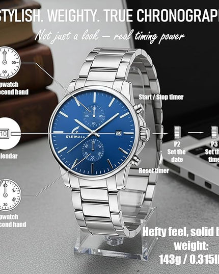 Stylish Stainless Steel Chronograph Watches for Men with a Hefty, Solid-Build Feel — Waterproof Quartz Mens Watches with Auto Date & Second Subdials, Valentines Day Gifts for Him, Boyfriend, Husband, Dad