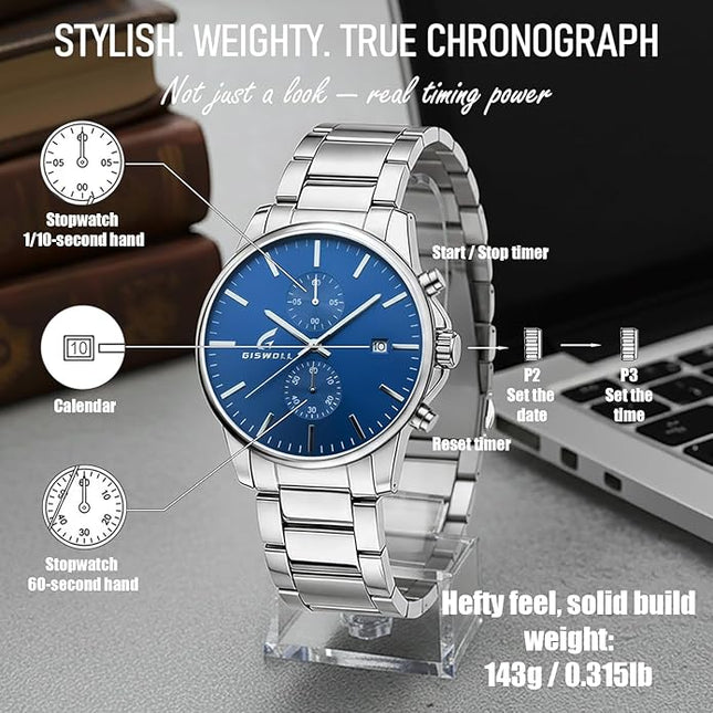 Stylish Stainless Steel Chronograph Watches for Men with a Hefty, Solid-Build Feel — Waterproof Quartz Mens Watches with Auto Date & Second Subdials, Valentines Day Gifts for Him, Boyfriend, Husband, Dad