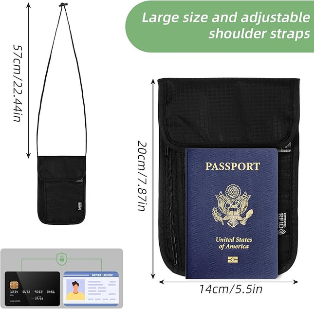 Travel Neck Wallet,Black Rfid Blocking Passport Holder,Wear Resistant Neck Pouch,Security Lightweight Passport Wallets for Women Men (7.87" x 5.5")