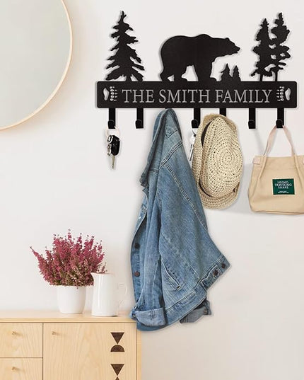 Dyoart Personalized Key Holder for Wall, Custom Metal Black Bear Coat Hook Key Holder with Name, Metal Key Rack Hanger Organizer for Entryway, Front Door, Hallway, Kitchen, Office Decor