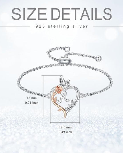 TOUPOP Gifts for Women Rose Heart Initial Bracelet 925 Sterling Silver Butterfly Letter Link Bracelet Love Jewelry Valentines Day Birthday Gifts for Her Wife Girlfriend Mom