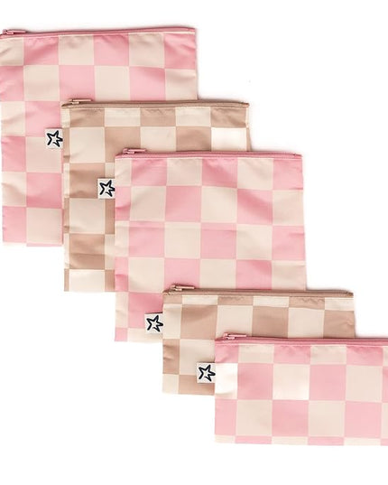 Tiny Twinkle 5 Pack Reusable Snack Bags - Machine Washable, PFAS, PVC, BPA, Phthalate-Free Reusable Baby and Toddler Food Safe Snack Bags (Checkers Pink Brown)