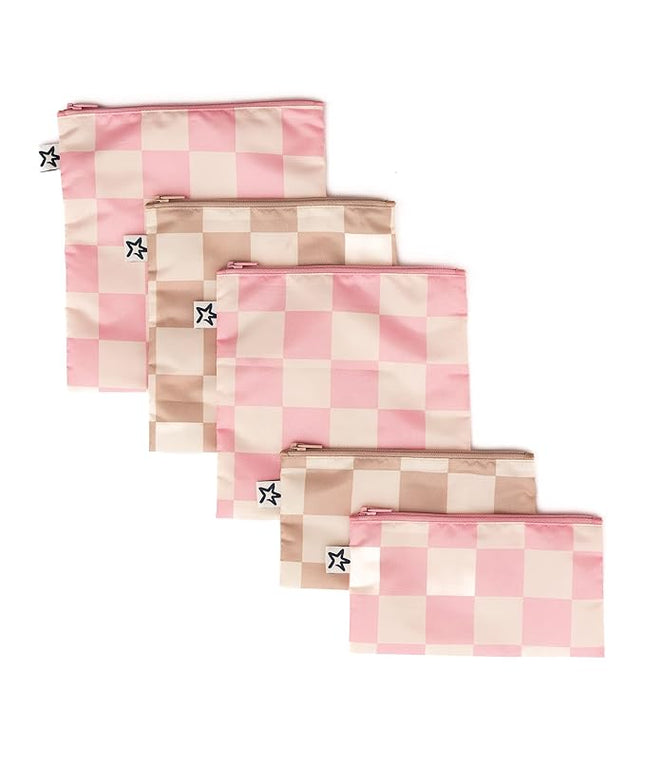 Tiny Twinkle 5 Pack Reusable Snack Bags - Machine Washable, PFAS, PVC, BPA, Phthalate-Free Reusable Baby and Toddler Food Safe Snack Bags (Checkers Pink Brown)