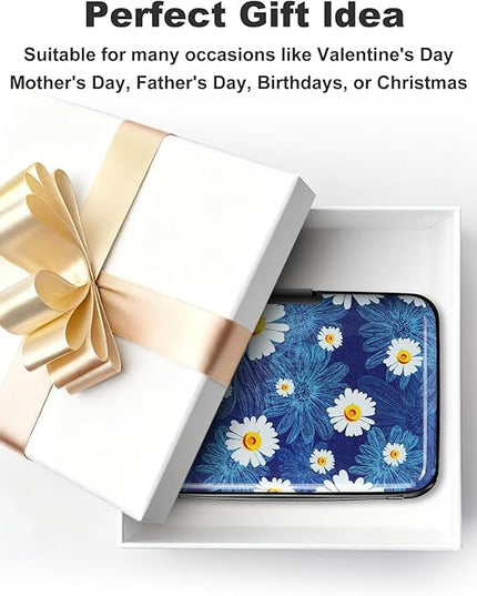 ELFISH Mini RFID Aluminum Wallet Credit Cards Holder Business Card Case Metal ID Case for Men Women(White Flower)