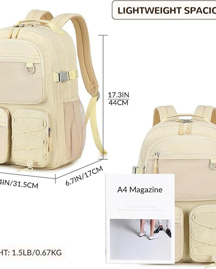 Lohol Water Resistant Backpack with Mulitiple Pockets for Travel Outdoor College, 15.6 inch Laptop Bookbag for Girl and Women (Beige)