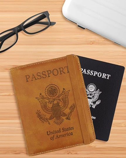 WALNEW Passport Holder for Travel, RFID Passport Cover Wallet for Women Men, PU Leather Passport Book Card Holder Case with Pen, Travelling Essentials for Flying