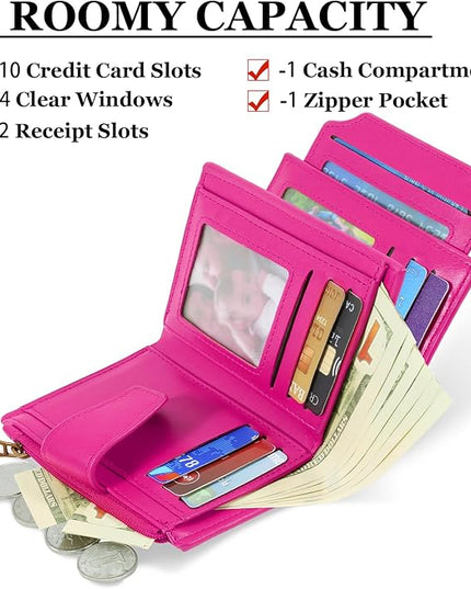 Airkit Small Wallet Women RFID Blocking Soft Leather Bifold Compact Card Holder Wallet for Women with Zipper Coin Pocket 4 ID Window