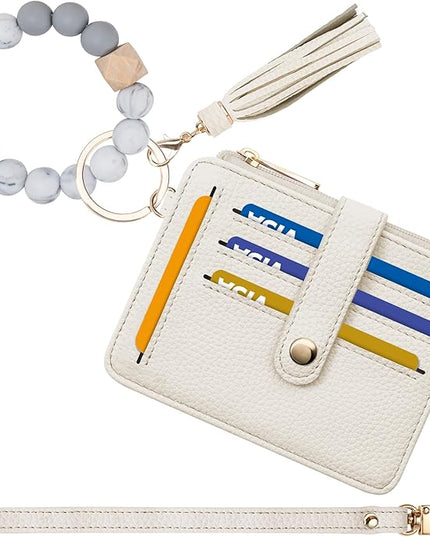 Keychain Wallet with Bracelet RFID Blocking Wristlet Credit Purse Card Holder, Silicone Bead Tassel Key Ring for Women