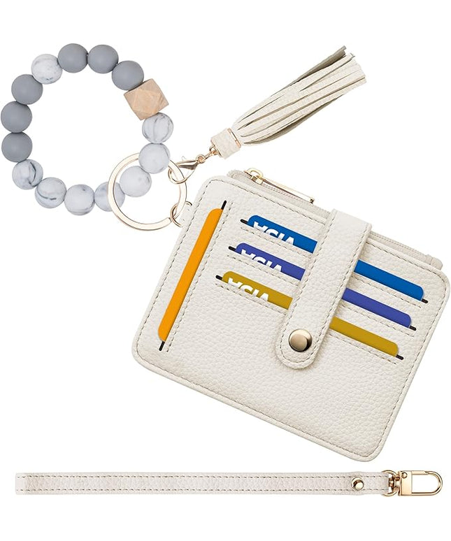 Keychain Wallet with Bracelet RFID Blocking Wristlet Credit Purse Card Holder, Silicone Bead Tassel Key Ring for Women