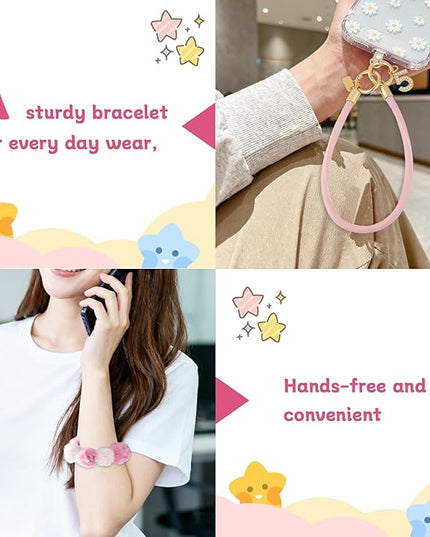2 Pcs Phone Charm Wrist Strap with Tether Tab, Double Anti Lost Fluff Ball Beaded Wrist Lanyard, Detachable Leather Phone Charms for Bag, Key Chains, Camera Decor