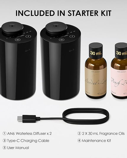 Airversa Waterless Essential Oil Diffuser Starter Kit with 2 x 30mL Fragrance Oil, Battery Operated Mini Scent Air Machine Portable Diffuser for Home Car Office Room, Black AN6 2 Packs Kit
