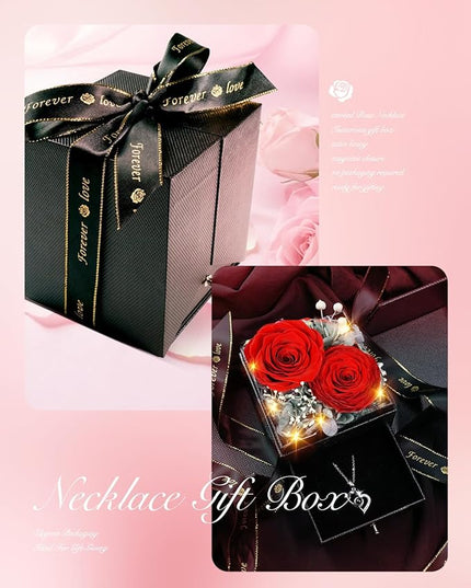 Birthday Gifts for Women, Preserved Real Roses with Heart Necklace I Love You in 100 Languages, Anniversary Wedding Gifts for Women Her Girlfriend Wife, 2 Red Forever Roses Necklace Gift Box