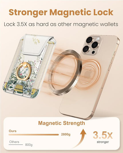 Shorogyt Compatible with Magsafe Wallet with Grip Magnetic Card Holder - Cute Phone Wallets with Ring Stand for iPhone 17/16/15/14/13/12 Series for Women Girls Ink Bouquet Design, Fit 7 Cards
